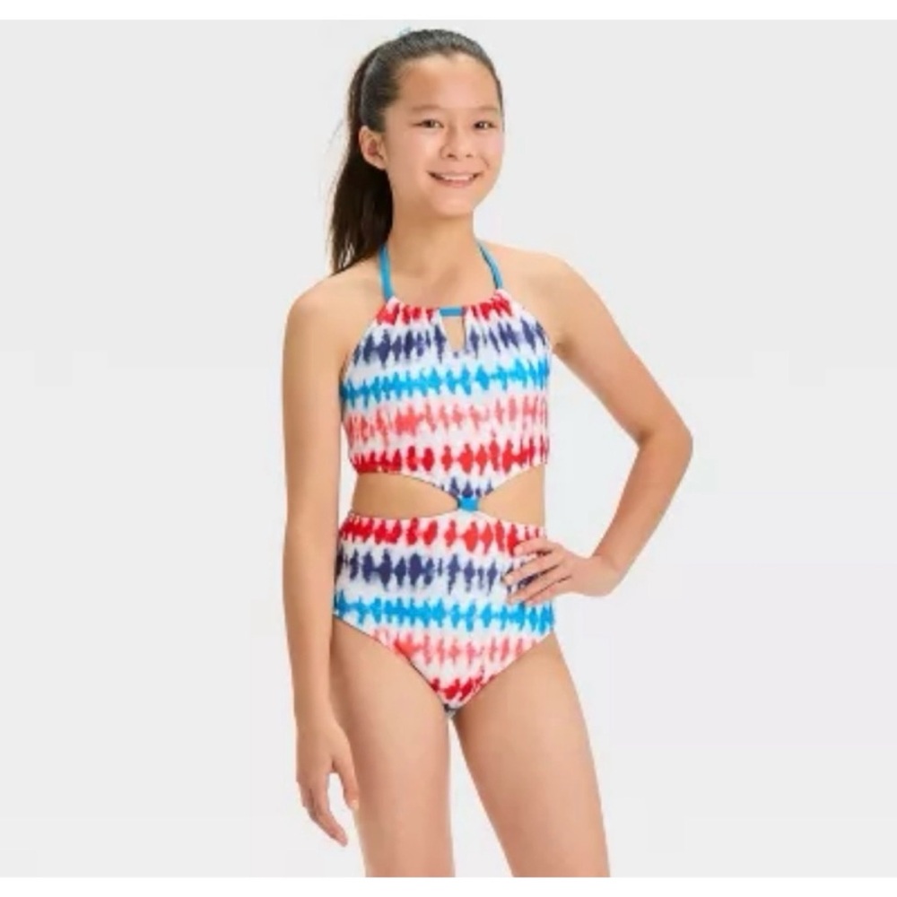 Art Class Tie-Dye Cutout One Piece Swimsuit XL 14 Halter Bright